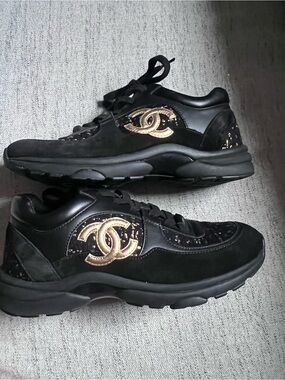 CHANEL Tweed Black Sneakers with Gold CC Emblem size 38